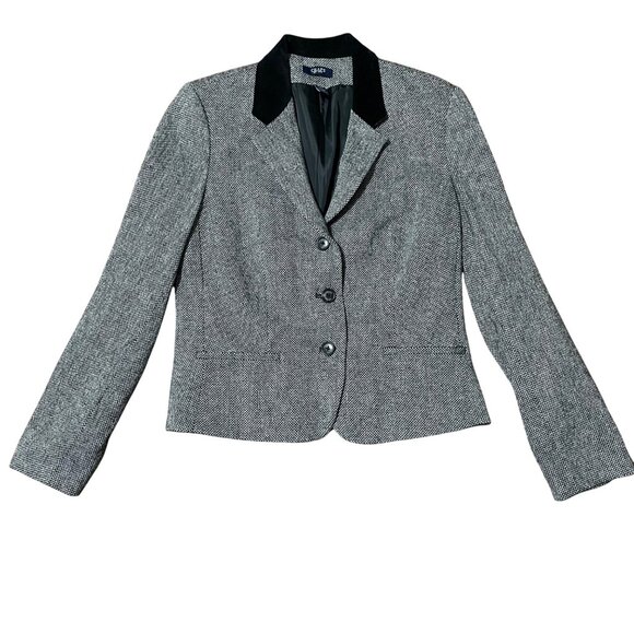 Chaps Womens Wool & Velvet Blazer Gray Tweed Size 8 Equestrian Classic Old Money - Picture 1 of 8